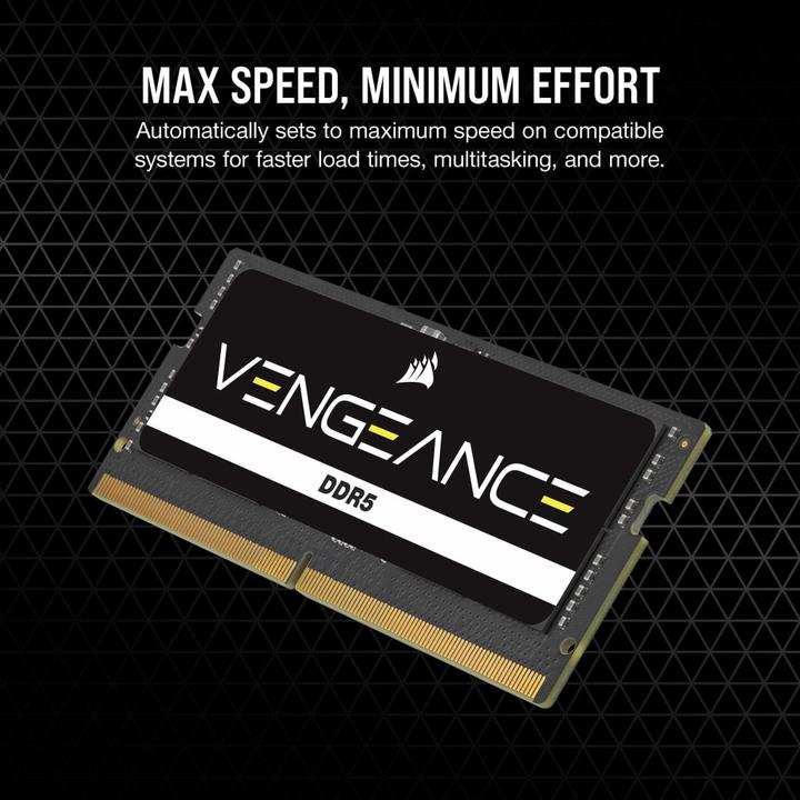 Produktbild Corsair DDR5, 5200MT/s 32GB 2x16GB SODIMM, Unbuffered, 44-44-44-84, Black PCB, Std PMIC, 1.1V, VENGEANCE DDR (2 x 16GB, 5200 MHz, DDR5-RAM, SO-DIMM)