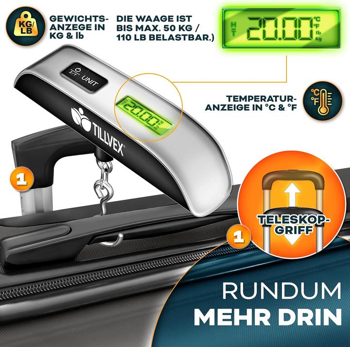 Actual product image Tillvex 3-teiliges Hartschalenkoffer-Set mit TSA Schloss, Kofferwaage, Kofferanhänger & Koffergurten