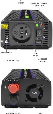 Actual product image Qoltec 51925 Monolith voltage converter 1200 MS Wave |12V to 230V | 600/1200W | USB