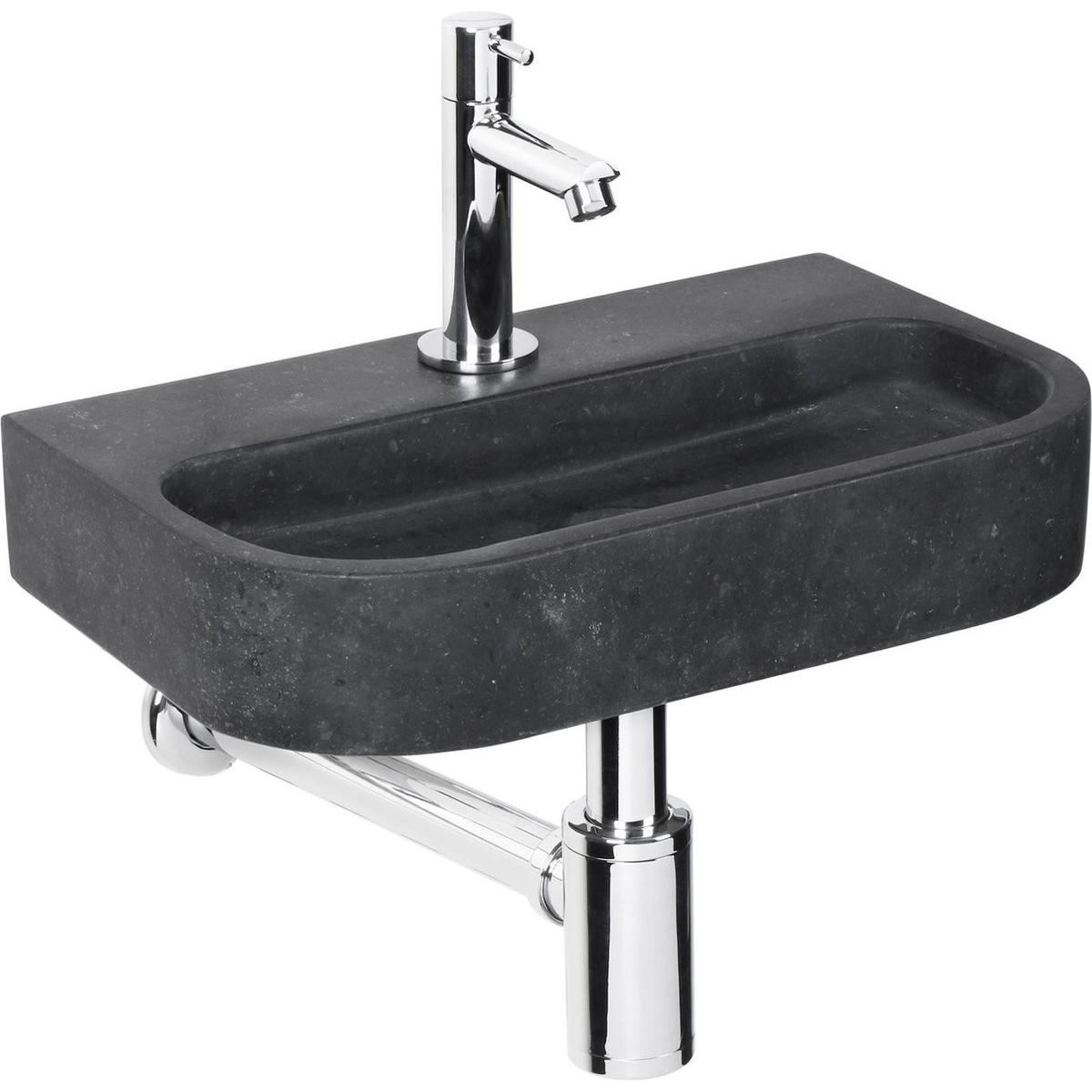 Differnz, Lavandino, Ovale Small Fonteinset - Wasbak Natuursteen - Zwart - Rechte Kraan - Chroom - Standaard Greep - 38 x (380 mm, 240 mm)