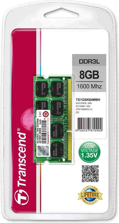 Actual product image Transcend 8Gb,DDR3,1600MHz,SDRAM,200pin SODIMM (1 x 8GB, 1600 MHz, DDR3-RAM, SO-DIMM)