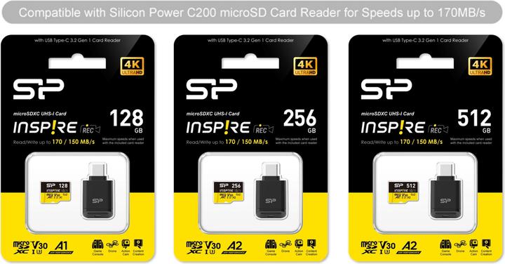 Produktbild Silicon Power Speicherkarten Inspire 512GB, DDR200, W/A, CL10, V30, A2, TF SDXC UHS-IU3 (512 GB, microSDXC, U3, UHS-I)
