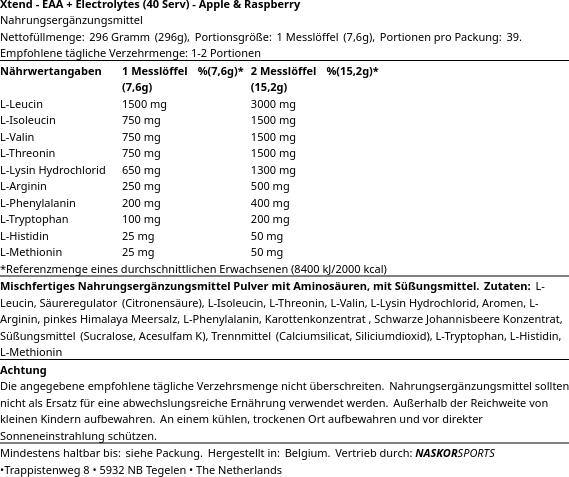 Nährwerte und Zutaten Xtend EAA + Electrolytes (304 g, 1x)