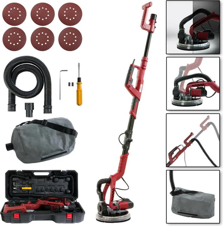 1x Transport- und Aufbewahrungskoffer, 2x Absaugadapter, 1x Wand- und Deckenschleifer, 1x 4 m Absaugschlauch, 1x LED-Arbeitsleuchte, 6x Schleifscheiben (80/100/120/150/180/240 Körnung)