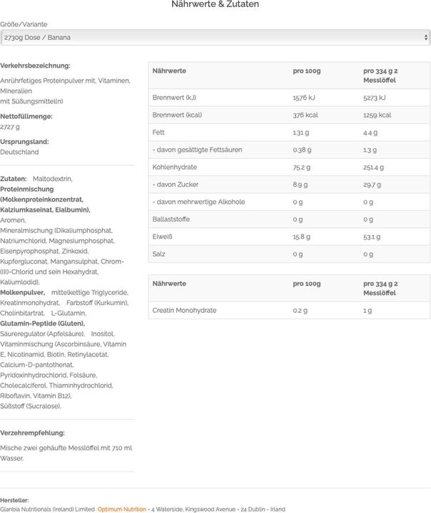 Nutritional values and ingredients Optimum Nutrition Serious Mass (Banana, 1 x, 2722 g)