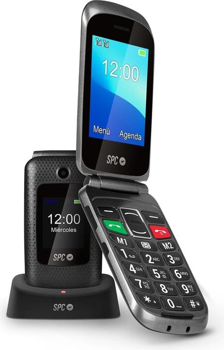 Actual product image SPC Senior mobile phone with large buttons, SOS button, docking station, and remote configuration