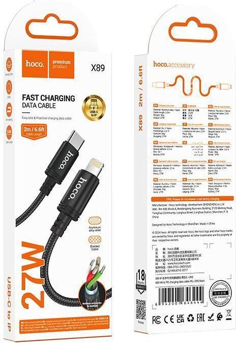 Actual product image Hoco Cable Cable USB C to Lightning PD 27W 2 m X89 black (2 m, USB 3.2 Gen 2, 27 W)