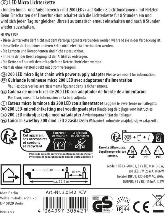 Produktbild Idena Micro-Lichterkette 200 LED warmweiss Gesamtlänge 22,9m auf Rolle 8h Timer 8 Lichtmodi (22.90 m)
