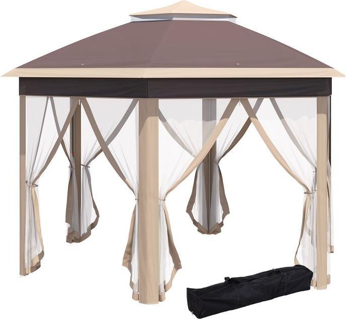 Swisshandel24 Faltpavillon 4 x 4 m Pop-Up-Zelt inkl. Tragetasche 6 Seitenteile Doppeldach sechseckig Beige+Khaki (400 cm, 400 cm)