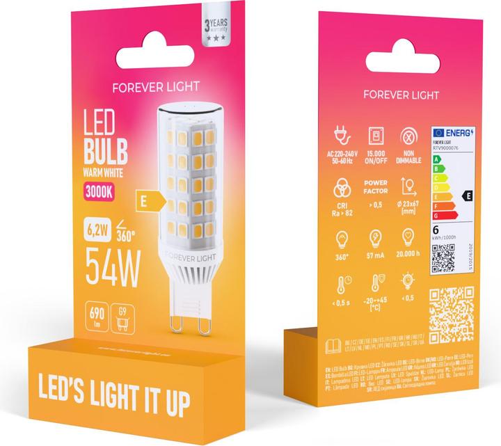 Actual product image Forever Light LED Bulb G9 6.2W 690lm 3000K ceramic class E (G9, 6.20 W, 690 lm, E)