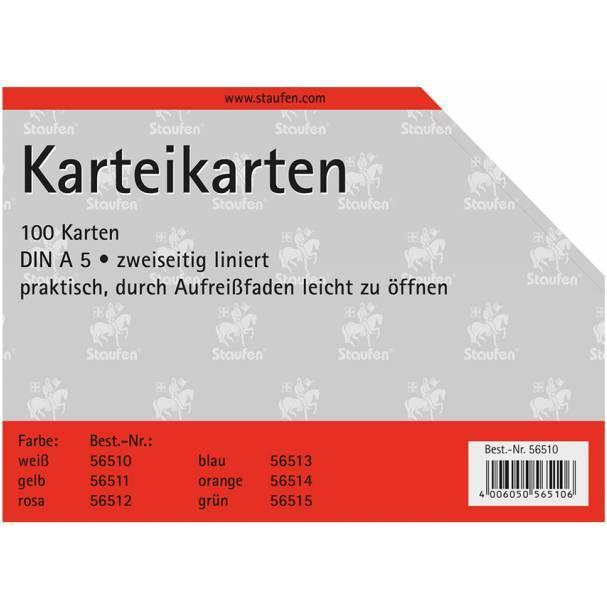 Staufen, Karteikarten, Karteikarten A5/100 weiss liniert (A5, 180 g/m², 100 x)