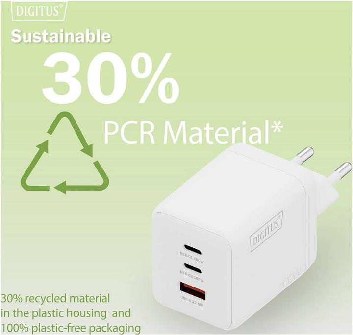 Productafbeelding Digitus USB GaN Charger 100W, 2x USB-C, 1x USB-A (100 W, 3 ports)