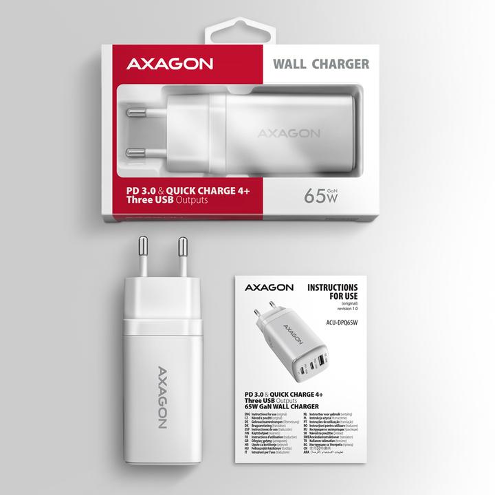 Image du produit Axagon ACU-DPQ65W, GaN nabíječka do sítě, 3x port (USB-A + dual USB-C), PD3.0/QC4+/PPS/Apple (65 W)