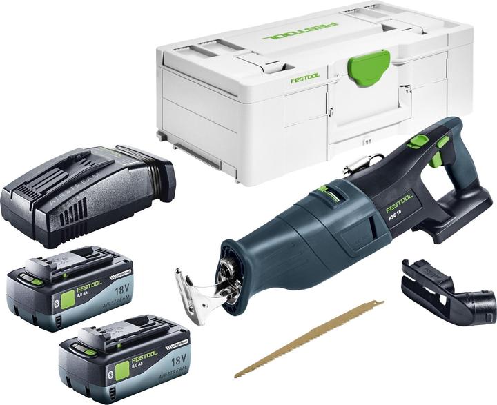 1x Festool RSC 18 EB cordless reciprocating saw, 1x RSC-AV dust extractor, 1x WOOD UNIVERSAL HSR 230 reciprocating saw blade, 4.3 BI, 1x Systainer SYS3 L 192, 2x Festool BP 18 Li 8.0 HP-ASI battery 18 V 8.0 Ah (577323), 1x Festool SCA 16 quick charger 10.8 V - 18 V 16 A (576953)