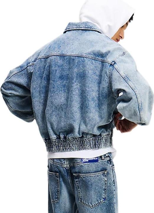 Actual product image Karl Lagerfeld Denim Bomber Jacket with Kangaroo Pocket and Snap-Flap Pockets (XL)