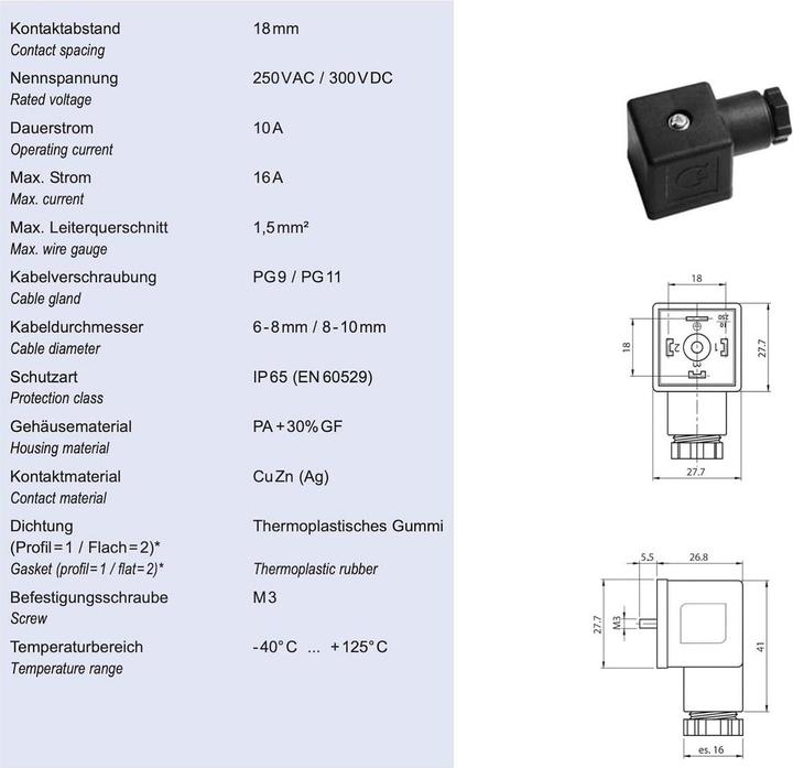 Produktbild Kalitec 5 Stück Ventilstecker Bauform A schwarz 3 polig I Kontaktfläche 27 x 27 mm² I PG9 I Kontaktt