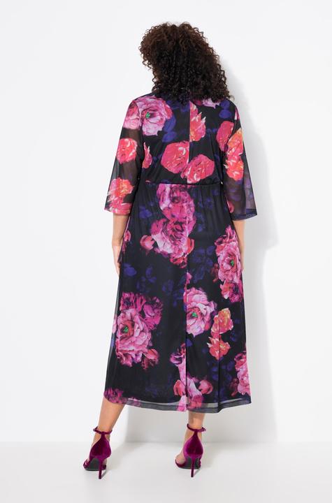 Produktbild Ulla Popken Mesh-Maxikleid, Blüten, V-Ausschnitt, Flügel-Halbarm (58)