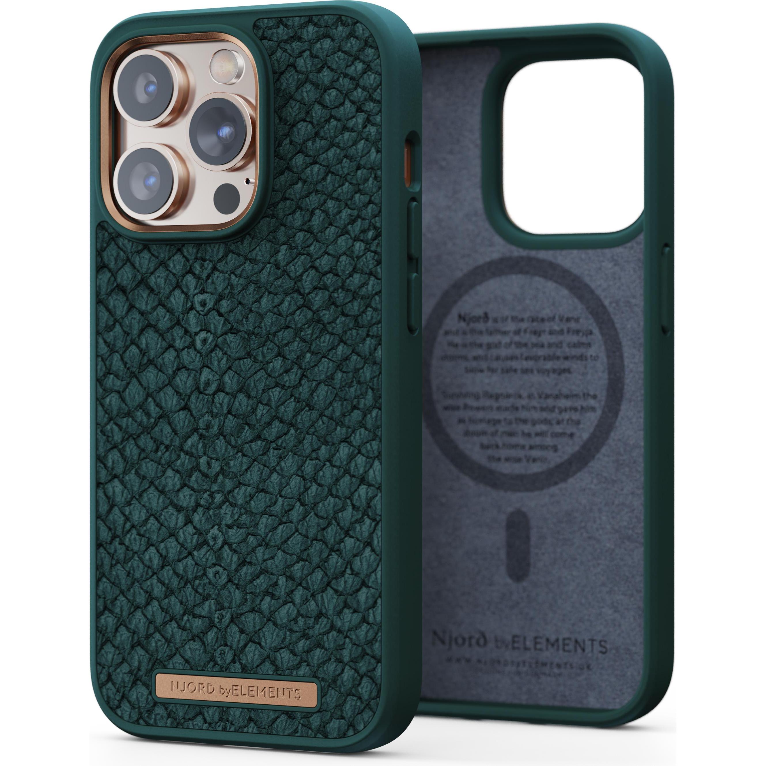 Njord Hard-Cover Salm.Leather Magsafe Case green (Apple iPhone 14 Pro), Smartphone Hülle, Grün