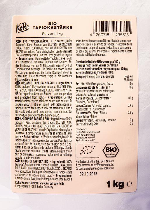 Nährwerte und Zutaten KoRo Bio Tapiokastärke (1000 g)