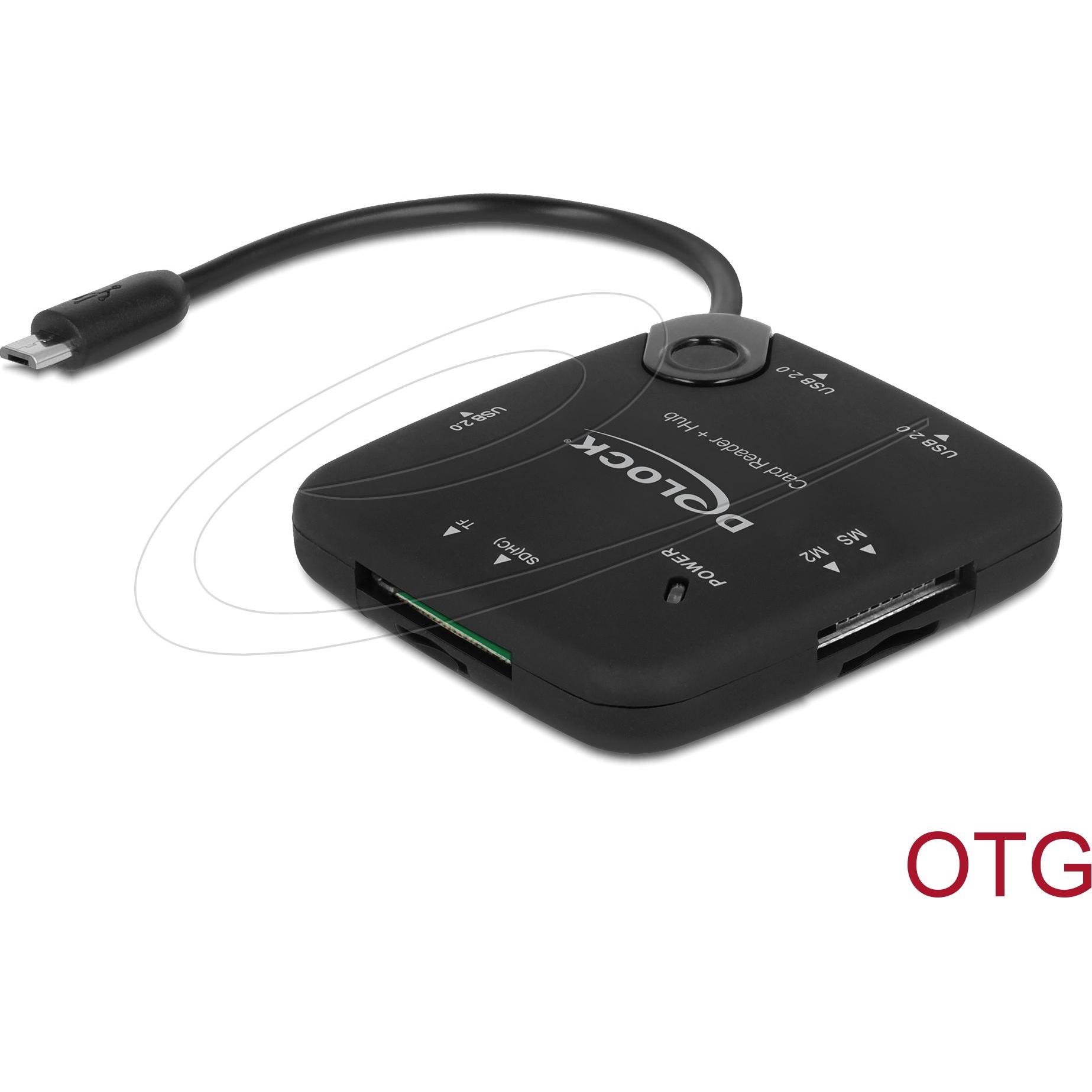 Delock USB tipo A, Micro USB tipo B, SD / SDHC / Micro SD / M2 / MS, FAT32 (Micro USB), Lettore di schede di memoria, Nero