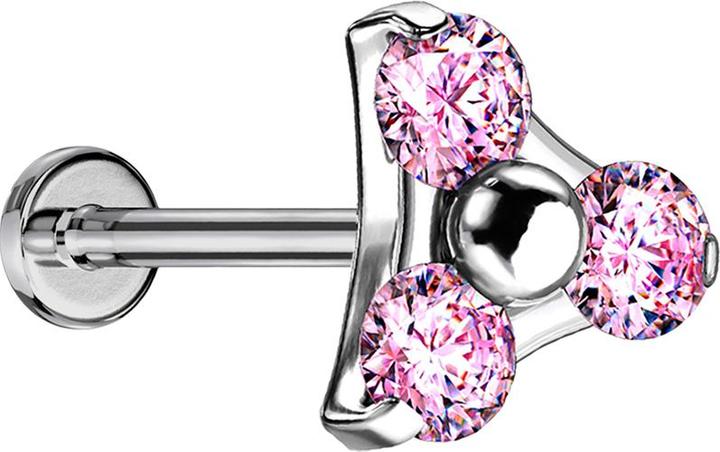 Image du produit Star Piercing Micro Threadless Labret argent triangle trois cristaux rose (sans laiton, Titane)