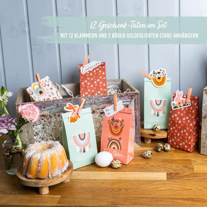 Produktbild Papierdrachen 12 Geschenktüten mit Anhängern zu Ostern - PN3 Boho - Set 9 (Geschenktüte, 12 x)