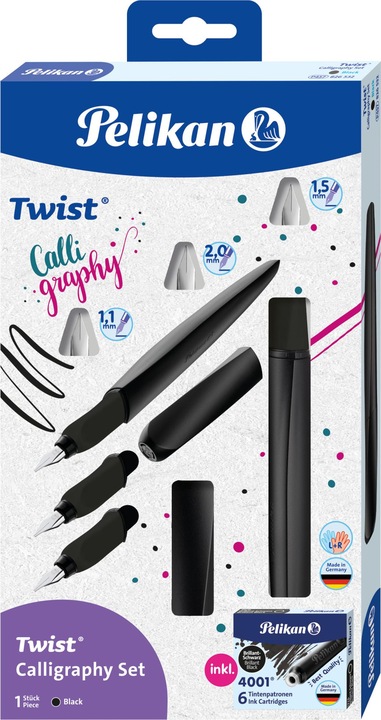 Produktbild Pelikan Twist® Calligraphy Füller für Rechts- und Linkshänder, Black, Feder 1,1mm, 1,5mm und 2,0mm (Schwarz, 1 x)