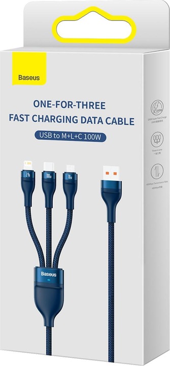 Produktbild Baseus 3in1 USB cable Flash Series, USB-C + micro USB + Lightning, 100W, 1.2m (blue) (1.20 m, USB 2.0)