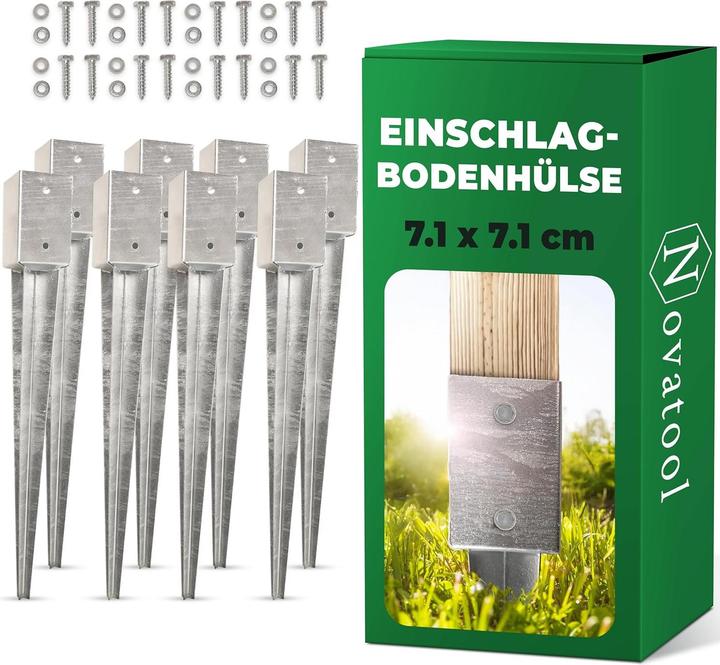 Novatool 8x Einschlagbodenhülsen-Set 71x71x750 mm, Bodenhülse Sonnenschirm Pfostenträger Zaunpfosten