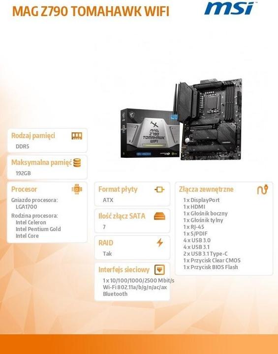 Image du produit MSI MAG Z790 TOMAHAWK WIFI (LGA 1700, Intel Z790, ATX)