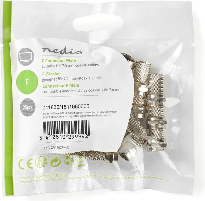 Actual product image Nedis F-plug straight plug nickel-plated 75 Ohm twist-on cable entry diameter: 7.4 mm zinc alloy (75 dB, Plugs and connectors)