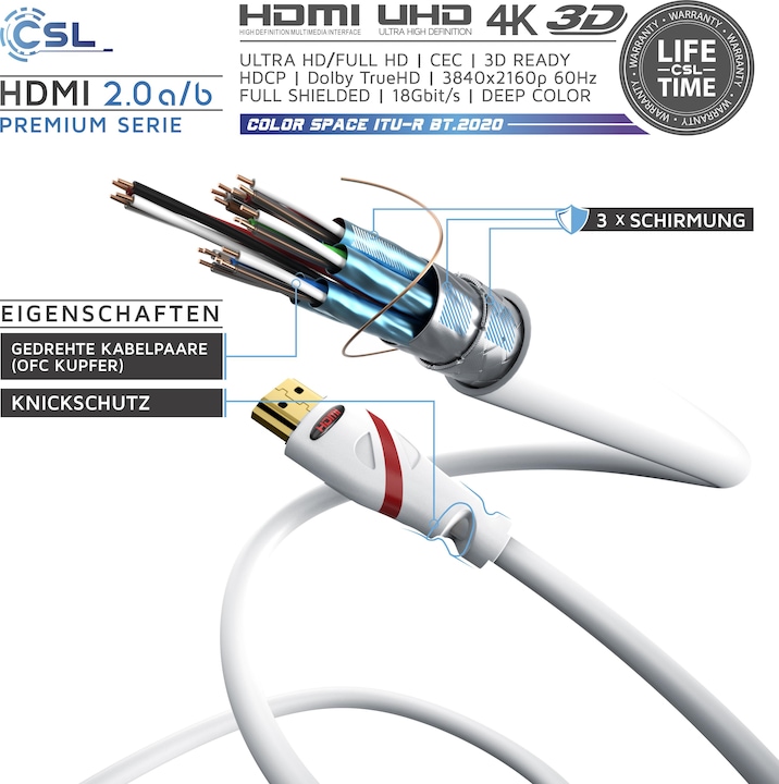 Produktbild CSL HDMI Kabel 2.0b - 4k Ultra HD 2160p - 3D Ready - High Speed - 3 fach geschirmt - HDMI 2.0b 2.0a 2.0 (1 m, HDMI)