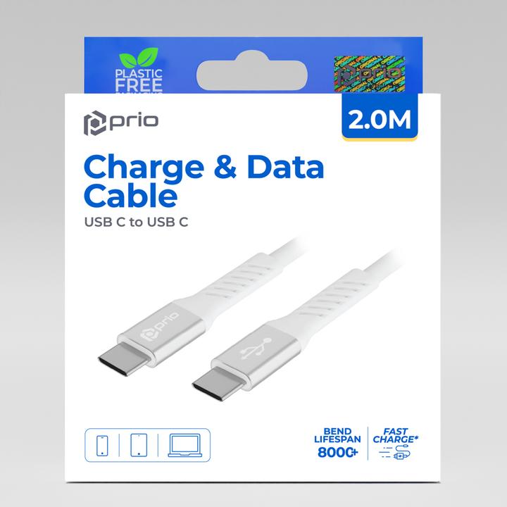 Image du produit prio Câble de charge et de données USB C vers USB C 2,0 m blanc (2 m, USB 2.0, 100 W)