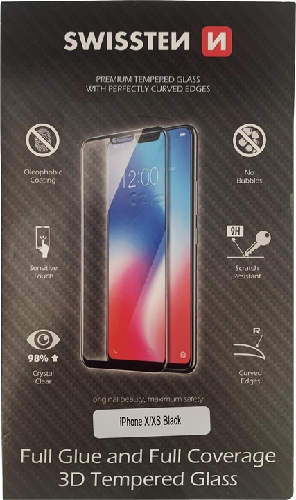 Swissten Vetro 3D completamente incollato ultra resistente (1 Pezzo/i, Apple iPhone X, Apple iPhone XS)