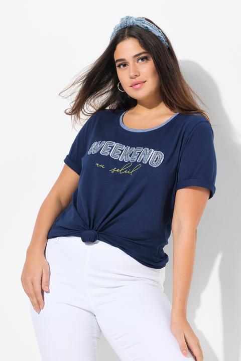 Produktbild Ulla Popken T-Shirt, Denim-Schriftzug, Fransen, Rundhals, Halbarm (50, 52)