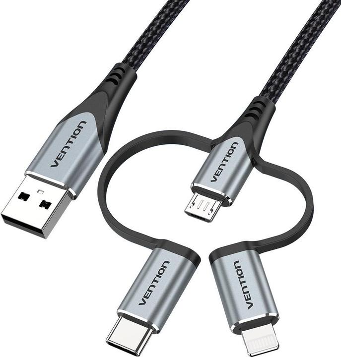 Actual product image Vention USB 2.0 A Male to 3-in-1 Micro-B&USB-C&Lightning Male Cable 1M Gray Aluminum Alloy Type (1 m, USB 2.0)