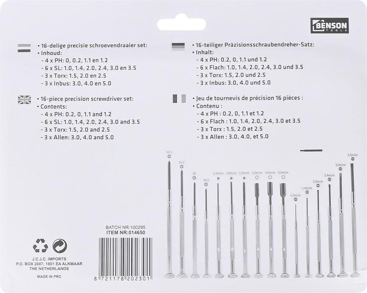 Actual product image Benson Screwdriver set precision 16 pcs (Pin-torx)