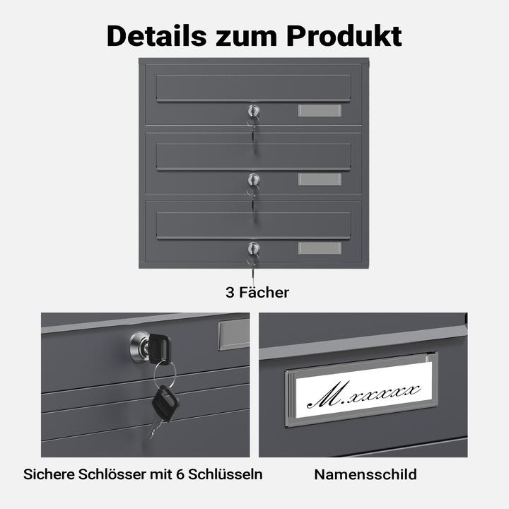Produktbild Wiltec 3er Briefkastenanlage Anthrazit 512x270x1150mm Standbriefkasten Post