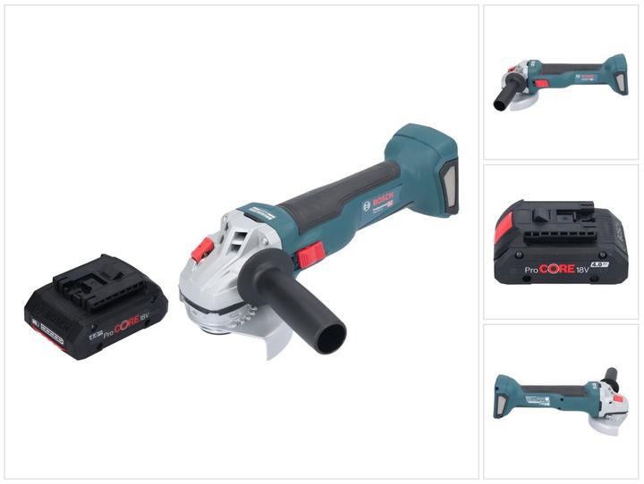 1x Bosch GWS 18V-10 Professional Meuleuse angulaire sans fil, 1x écrou de serrage rapide, 1x capot de protection, 1x flasque de fixation, 1x Bosch GBA 18 V 4,0 Ah ProCORE Batterie à insertion