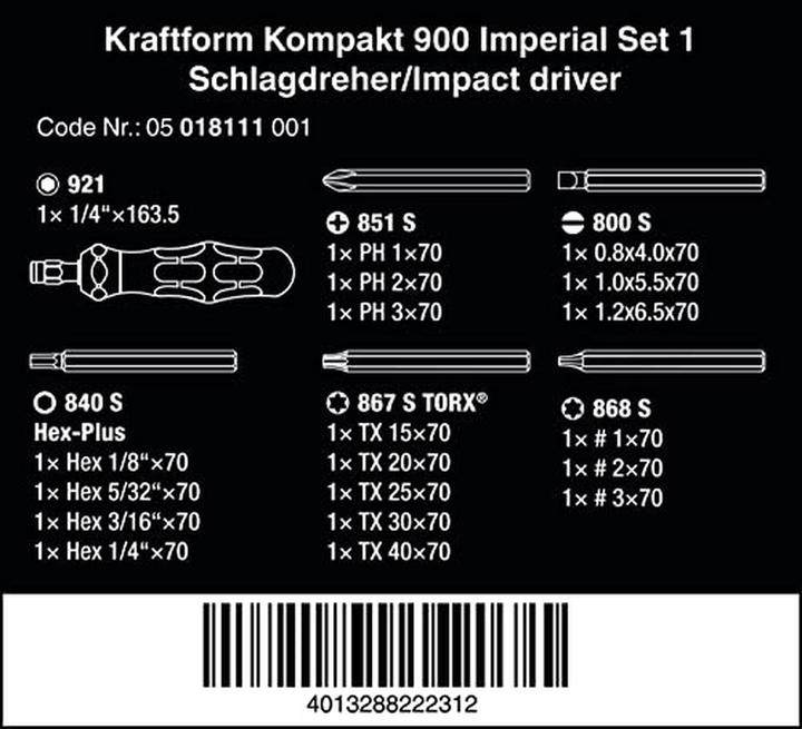 Produktbild Wera Kraftform Kompakt 900 Imperial Set 1 (Schlitz, Phillipps-Kreuzschlitz (PH), Vierkant, Pin-torx, Innensechskant)