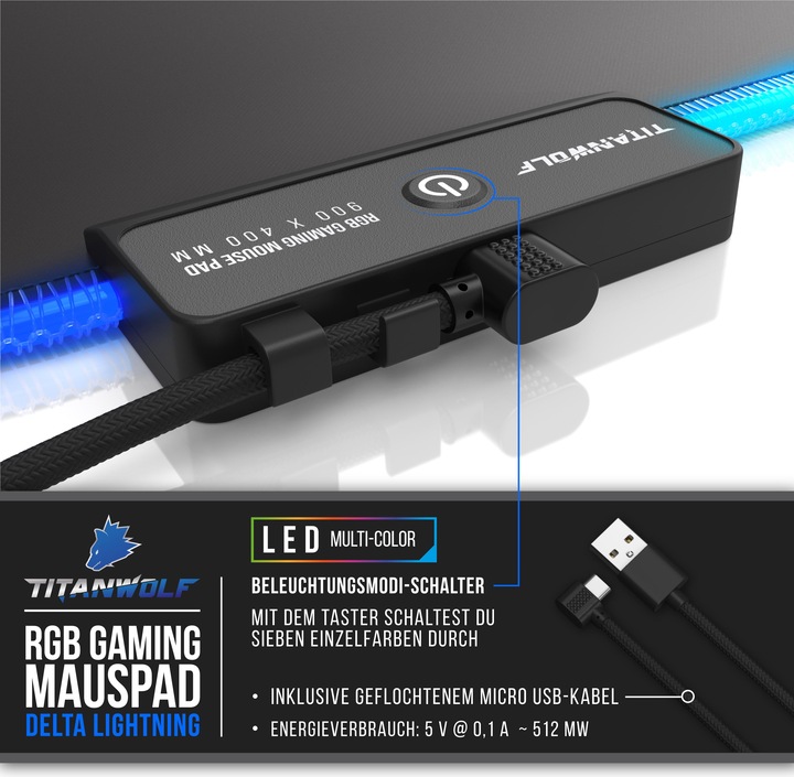 Actual product image Titanwolf RGB Gaming Mouse Pad, Mouse Mat 900 x 400 mm, improves precision & speed, Sidewolf (XL)