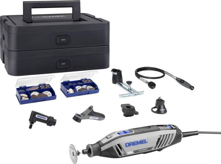 Schraubenschlüssel zum Festziehen der Aufsatzspitzen, 575, Dremel 4250, 565, 576, 577 und 678, 6x Dremel-Aufsätze: 225, 128-tlg. Zubehörset inkl. EZ SpeedClic Aufspanndorn