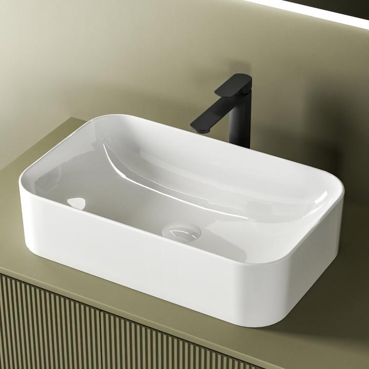 Produktbild Emke Aufsatzwaschbecken Eckiger Waschbecken Keramik Waschbecken Waschtisch Weiss Glänzend 61×15×38 cm (3800 mm, 6100 mm)