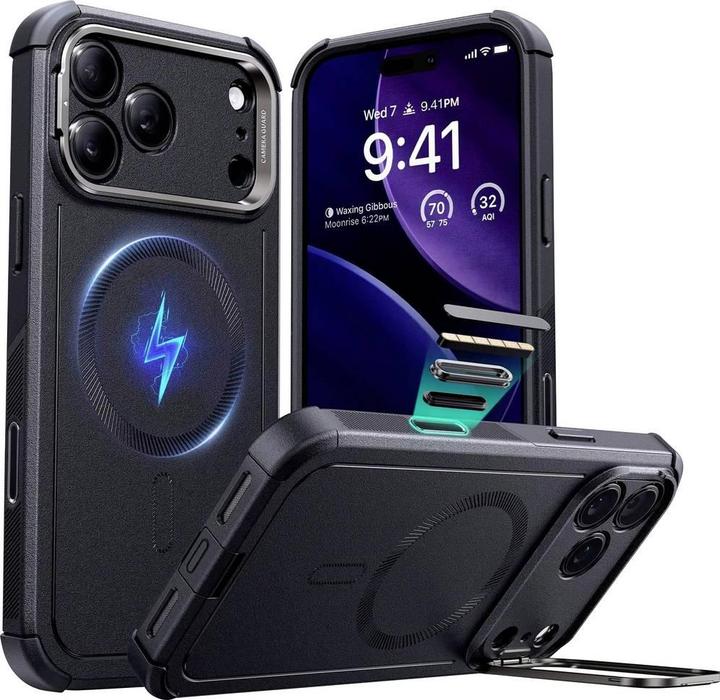 ESR Cyber Tough Magnetic Case (Camera Control, Stash Stand), for iPhone 17 Pro, Black (Apple iPhone 17 Pro)