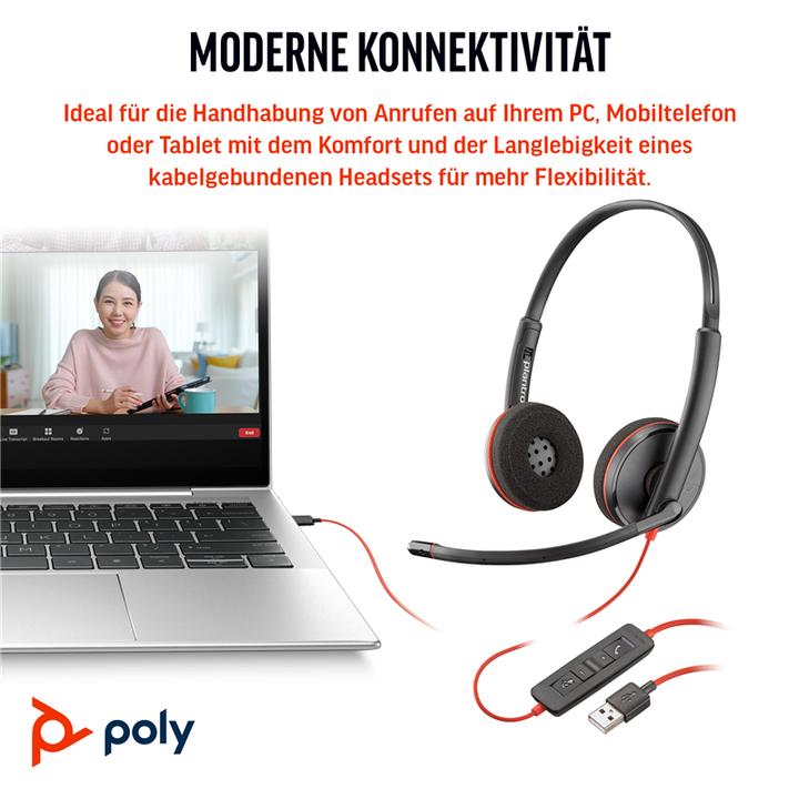 Image du produit Poly Blackwire 3220 Stereo USB-C-Headset +USB-C/A Adapter (Filaire, USB-C, Avaya, Cisco, Skype, Unify)
