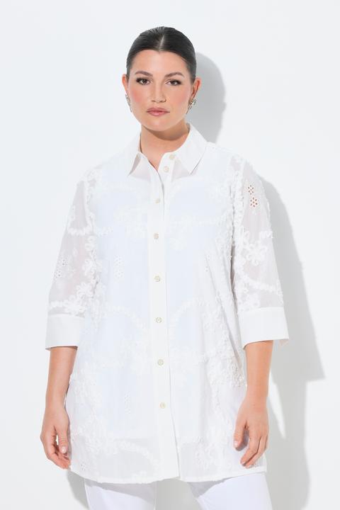 Immagine prodotto Ulla Popken Blusa lunga con ricami, collo da camicia e maniche a 3/4 (46, 48)