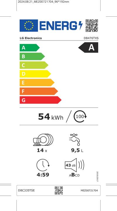 Energy Label LG Geschirrspüler Db476Txs