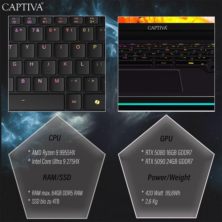 Produktbild Captiva Highend Gaming R10-1172GE Ryzen 9 RTX 5080 (16", 4000 GB, 64 GB, AMD Ryzen 9 9955HX)
