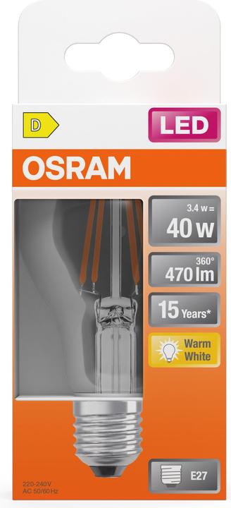 Image du produit Osram LED Leuchtmittel LED Retrofit CLASSIC A 3.4W 827 Clear E27 Warm weiss 4099854466632 (E27, 470 lm, 6x)