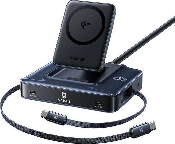 Produktbild Baseus Stacja ładująca Nomos NH21 6w1 245W bezprzewodowa z dwoma zwijanymi kablami USB-C - czarna (245 W, 6 Ports)